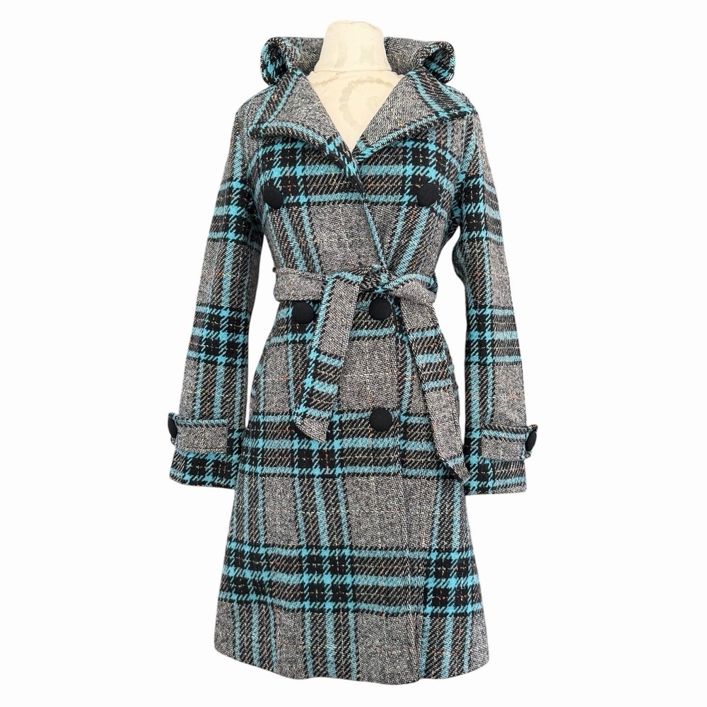 Yumi Kim Wool Blend S Belted Checked Peacoat Gray‎ Plaid Jacket Y2K Midi 90's